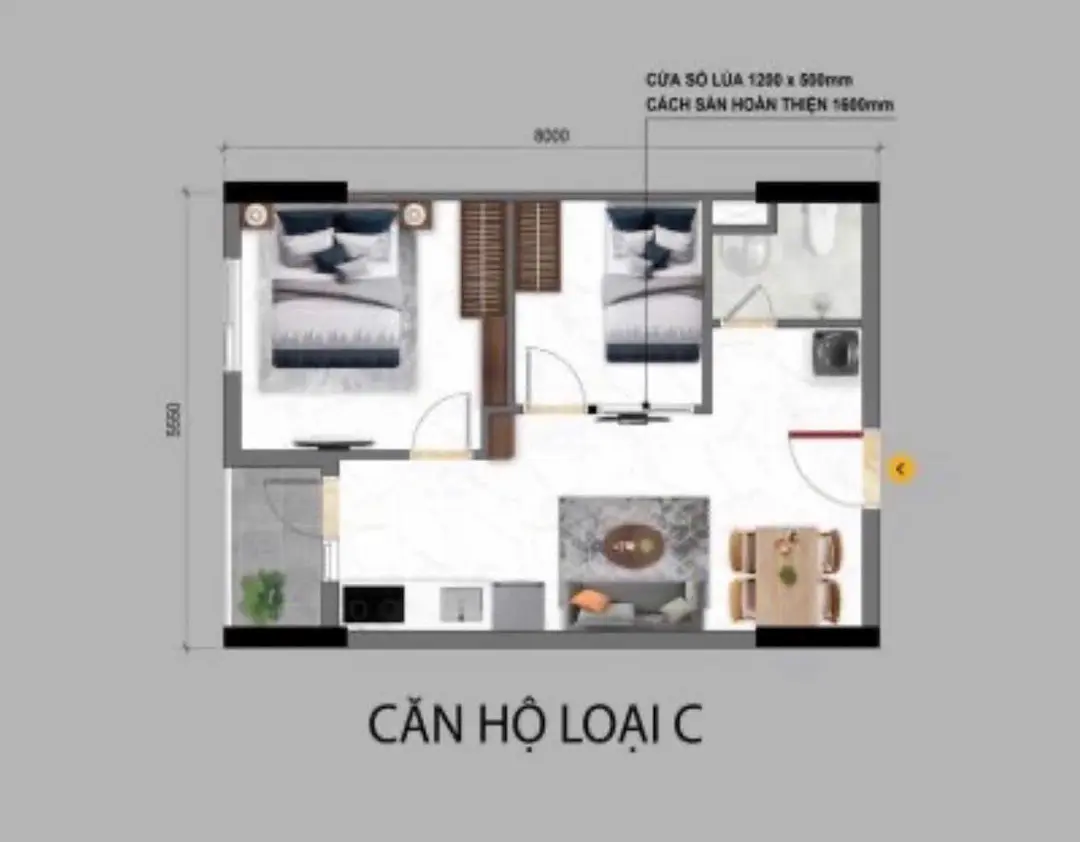 Layout căn hộ 2 phòng ngủ 1WC B-One Lumi Tân Uyên Bình Dương